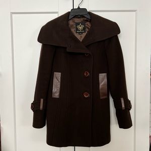 Mackage Wool Cashmere Blend High Collar Brown Pea Coat Size Medium Dark Brown